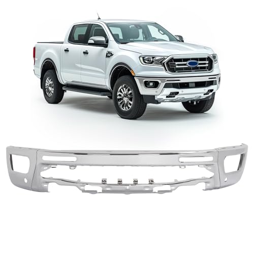 KUAFU Front Bumper Face Bar Compatible with 2019-2024 Ford Ranger w/Fog Light Holes & Parking Sensor Holes Replacement For FO1002438, LB3Z17757A Chrome Steel Silvery 3PCS