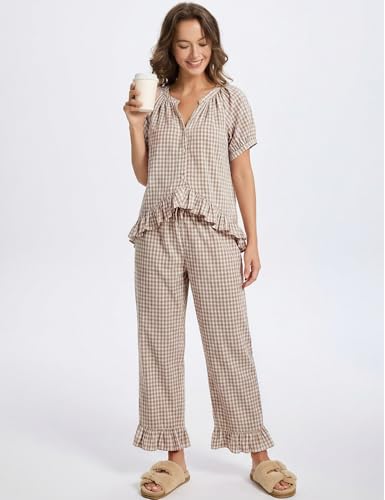 Image of Gihuo Gingham Pajama Set for Women 2 Piece Plaid Cotton Button Down Top and Pants Ruffle Babydoll Pjs Lounge Sets