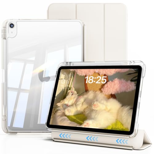 ZOYU Case for iPad Air 11 Inch M4 /M3/M2 (2026/2025/2024) Air 5th/4th Gen 10.9 Inch (2022/2020) with Pencil Holder Detachable Sliding Cover with Clear Hard Back Shell Cream White