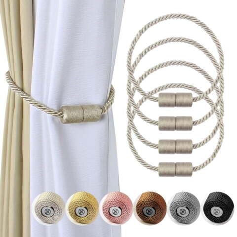 Fenghuangwu 4PCS Magnetic Curtain Tiebacks Outdoor Elegant Decorative Tie Backs for Drape (Beige)