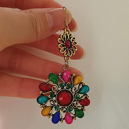 Xforlong Vintage Style Bohemian Multicolor Dainty Created Gemstones Dangle Drop National Boho Round Shape Earrings For Women&Girls Large #TOP4
