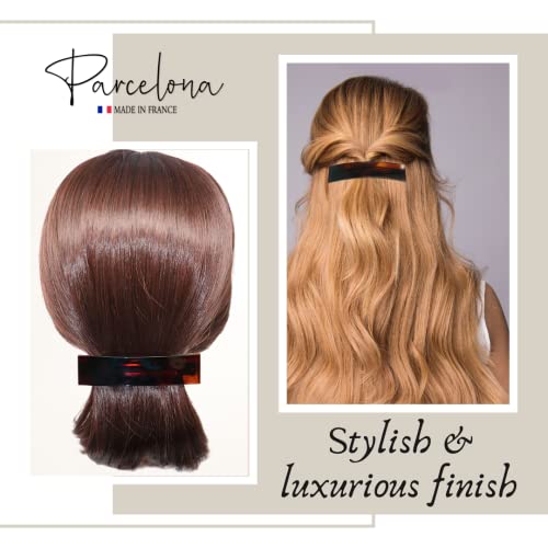 Parcelona French Rectangular Bar Large 4" Celluloid Acetate Hair Barrette Clips For Women Set Of 2 Ponytail Automatic Hair Barrette For Thick Hair Durable Fashion Hair Styling Women Hair Accessories Hair Barrette For Girls, Made In France (Tortoise Shell Brown - Black) #TOP6