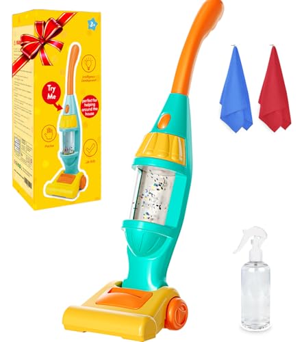 Toddler Vacuum Toy That Works with Lights & Sounds, Pretend Play Toy Vacuum for Toddlers 3-5 Years Old, Baby Vacuum for Boys Girls, Kids Vacuum Cleaner Cleaning Toys with Spray Bottle, 2 Towels