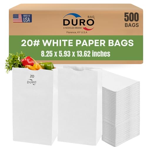 DURO 20# Large White Paper Bags Bulk, 500-Count, 8.25x5.93x13.62 Inches, Ideal for Deli Bagels & Bread, Restaurants, Takeout, Grocery, & Home, Large White Paper Lunch Bags, Disposable Bag: 51041