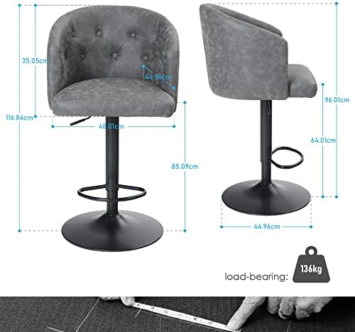PHIVILLA Height Adjustable Rotating Bar Stool, Bar Chair Counter Stool, PU Leather with Backrest and Footrest, Hugging Feeling Counter Stool for Kitchen, Cafe, Office