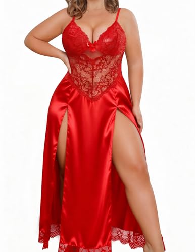 Image of Alrovetoney Plus Size Lingerie For Women Babydoll Sexy Mesh Maxi Nightdress Exotic Sleepwear Side Slits