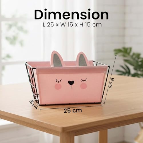 Image of Go Hooked Cute Pink Animal Design Storage Basket for Kids | Strong Metal Wire Organizer with Detachable Fabric Liner | Multipurpose Basket for Toys, Fruits, Snacks, Bathroom, Wardrobe & Home Decor