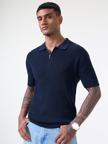 Image of The Souled Store Jacquard Polo: Midnight Wave Men and Boys Short Sleeve Spread Collar Navy Blue Solid Cotton Casual Everyday Officewear Regular Fit Polos