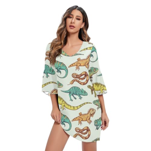 Robe courte imprimé reptiles et lézards en col V pour femme