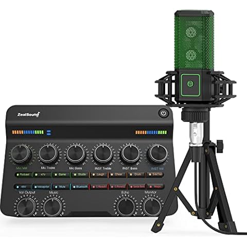 Zealsound Podcast Equipment Bundle, Audio Interface W/ DJ Mixer Live Sound Card, All-in-One Soundboard Music Production Equipment Kit with XLR Microphone for PC Smarthone, for Streaming Recording s28 Cover