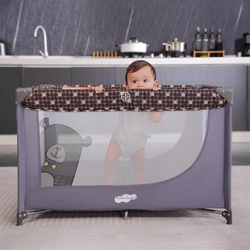 Pamo Babe Portable Crib Baby Playpen with Mattress and Carry Bag Grey