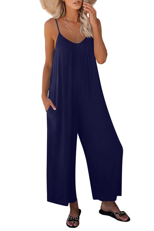 Haibang Mono Mujer Verano Largo Sin Mangas Cuello en V Elegante Peto Mujer Verano Casual Espaguetis Monos Pantalón Elegante Sueltos Jumpsuit con Bolsillos Informal Playa Fiesta Vacaciones Playsuit
