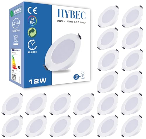 HYBEC   Downlight LED techo empotrable, Downlight LED 12W, Foco LED Interior techo, Driver incluido, Luz Fría 6500ºK (Pack 20)