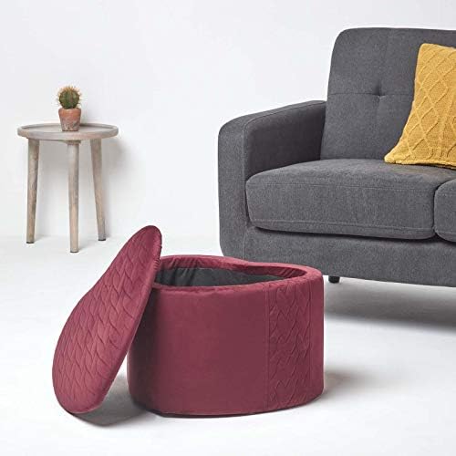 HOMESCAPES Red Velvet Footstool with Storage Pouffe Heart Shaped Modern On-Trend Quilted Vanity Stool with Lid Multifunctional Upholstered 'Arundel' Footrest Ottoman Stool Seat, 33 cm Tall