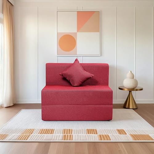 Image of Amazon Brand - Solimo 1 Seater 3 * 6 Jute Fabric Washable Cover Sofa Cum Bed with 1 Cushion 1 Seater Double Foam Fold Out Sofa Cum Bed (Finish Color - Maroon Delivery Condition - Pre-Assembled)