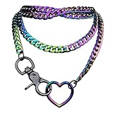 SIROLISA Slip Chain Rainbow Chunky Necklace for Women, Cuban Long Layered Jewelry, Adjustable Thick Collar Necklace Heart Loop Choker(Rainbow Chain&Rainbow Heart)