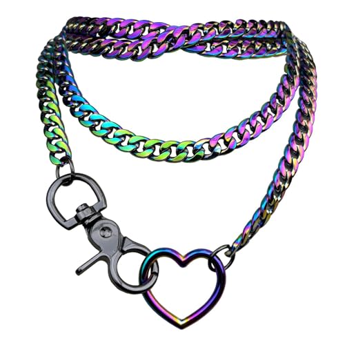 Slip Chain Rainbow Chunky Necklace for Women, Heart Cuban Long Layered Jewelry, Adjustable Thick Collar Necklace Heart Loop Choker