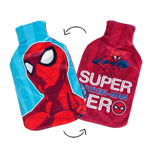 Disney Reversible Hot Water Bottles โ Spiderman Plush Cover โ Natural Rubber 2L Capacity - Spiderman Super Hero Design - Reversible