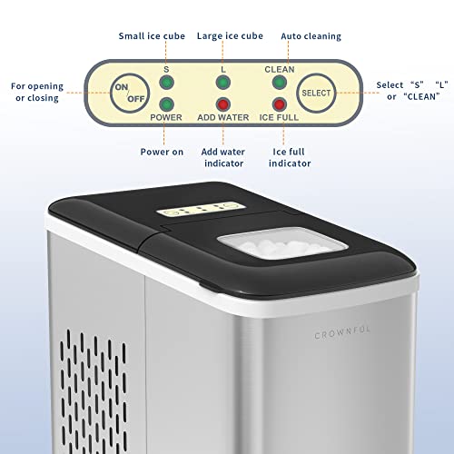 CROWNFUL Ice Maker Machine for Countertop, 9 Bullet Ice Cubes S/L Ready in 7 Minutes, 26lbs/24H, Auto self-Cleaning, Portable Small Ice Maker with Scoop and Basket, Silver - Thumbnail 7
