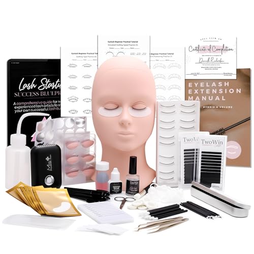 TwoWin Kit d'Extension de Cils Complet Débutant, Kit Formation Extension de Cils avec Ventilateur, Mannequin 4 Paires de Paupières Amovibles, Matériel Extension de Cils Professionnel Set