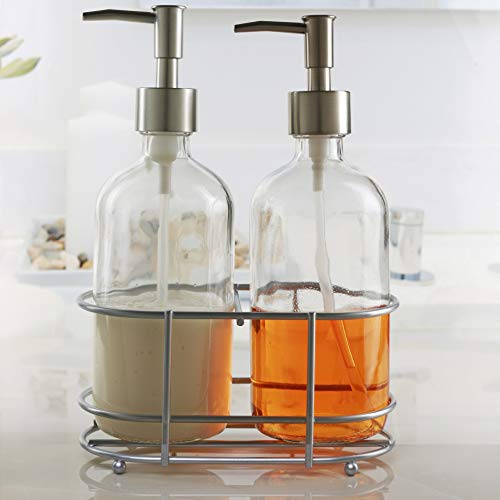 Circleware Vintage Soap Dispenser Bottle Pumps in Metal Caddy 3-Piece Set of Home Bathroom Accessories, Farmhouse Decor for Essential Oils, Lotions and Liquids, 16 oz, Nickel Smooth