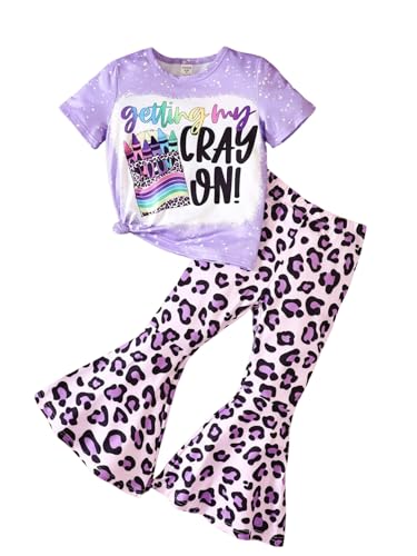 Image of Ayzozuy Kids Toddler Girl Clothes Letter Print Graphic Top + Leopard Print Flare Leg Pants 2PC Summer Clothing Set