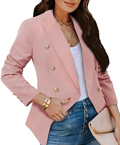 CRAZY GRID Womens Double Breasted Blazer Jackets Open Front Business Casual Suit Jacket Long Sleeve Dressy Blazer Lapel Gold Button Ladies Work Office Blazer Pink Large