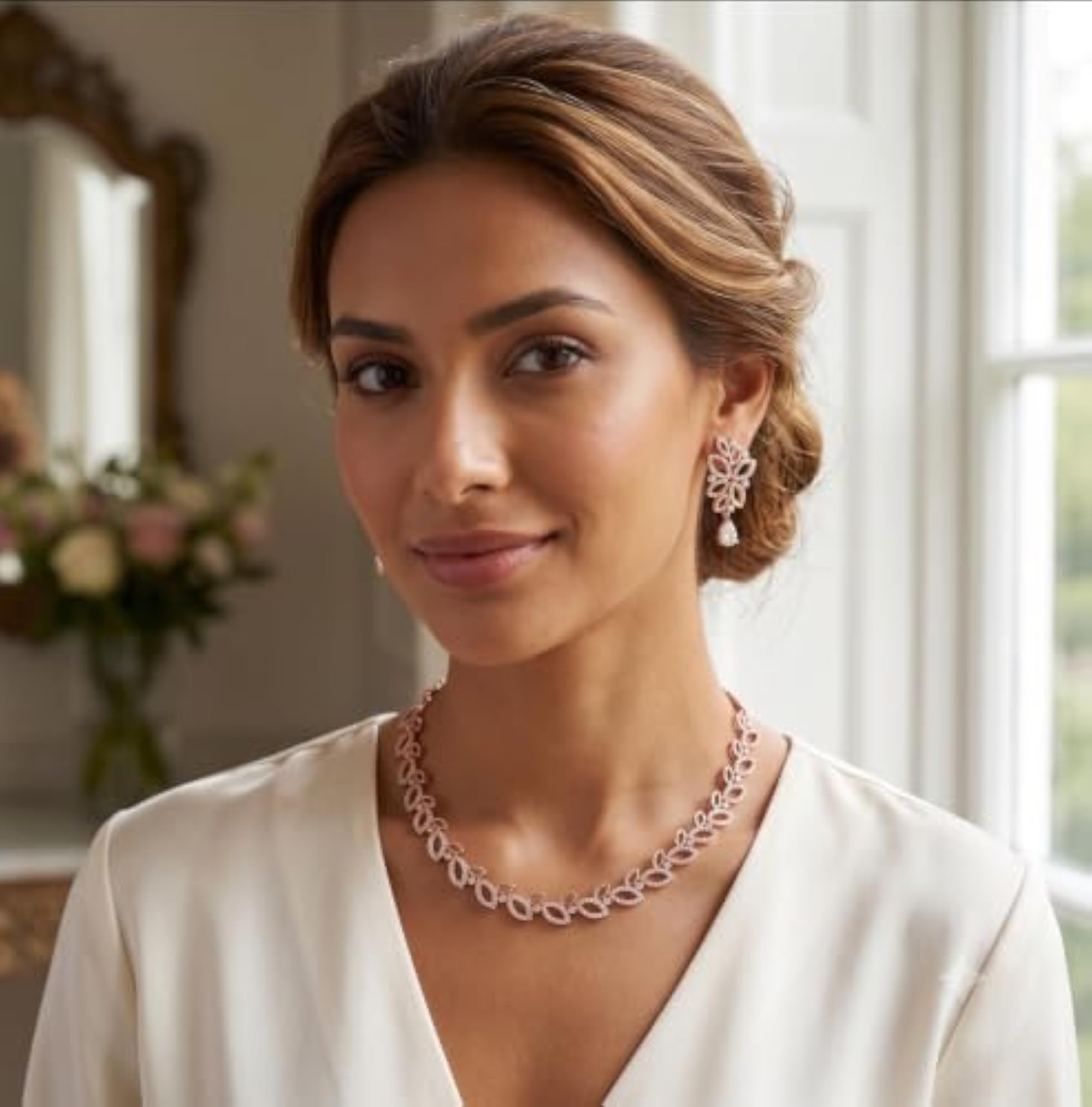 Women's Rose Gold Plated Leaf Design Necklace & Earrings Set