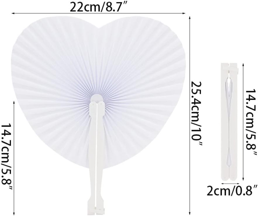 6pcs White Folding Paper Fan Wedding Favor DIY Blank Heart-shaped With Plastic Handle Party Decor