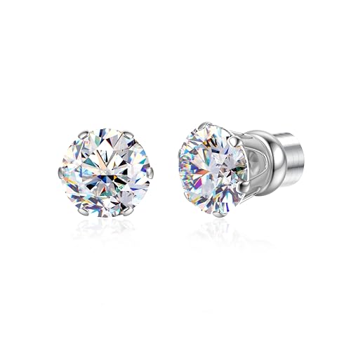 SLLAISS Moissanite Magnetic Earrings for Men Women : 18K White Gold Plated Hypoallergenic Stainless Steel Non Piercing Clip on Fake Earrings Studs Dainty 6 Prong Moissanite Earring D Color VVS1 6MM