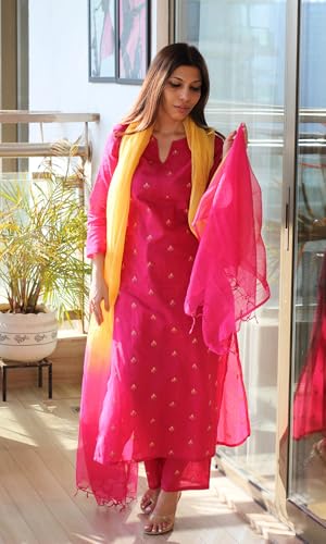 Image of GoSriKi Kurta Sets for Women Viscose Printed | Kurti Set for Woman | Kurta Pant Dupatta Set | Straight Kurti | Round Neck V-Slit 3 /4 Sleeve Suit Set for Women Stylish Ethnic Outfit Clothing