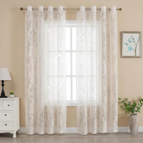 Gazal Vole Cream Lace Sheer Curtains for Living Room 63 inches Long 2 Panels, Elegant Vintage Lace-Style Voile Drapes for Living Room Bedroom Beige Semi Sheer Light Filtering Curtains W52 x L63inch