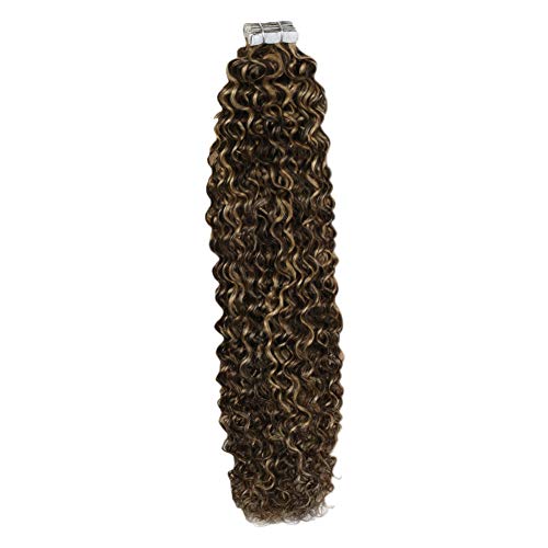Real Human Hair Tape in Extensions 18inch Blonde Hair Extensions Tape in Remy Hair 50g 20pcs Kinky Curly Hair Extensions Tape in Human Hair #4 Dark Brown Mixed with #27 Blonde Glue in Extensions