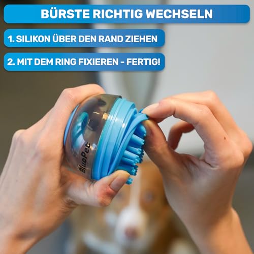 BluePet Befüllbare Badebürste für Hundeshampoo I Einmassieren von Shampoo & anregende Massage I Entferne Schmutz & loses Fell I Inkl. 2x Aufsätze (Weich + Fest) für alle Rassen & Fellarten