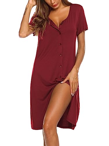 Ekouaer Nightdresses for Women Nighties Button Front Nightshirts Summer Nightwear Short Sleeve, Wine Red M