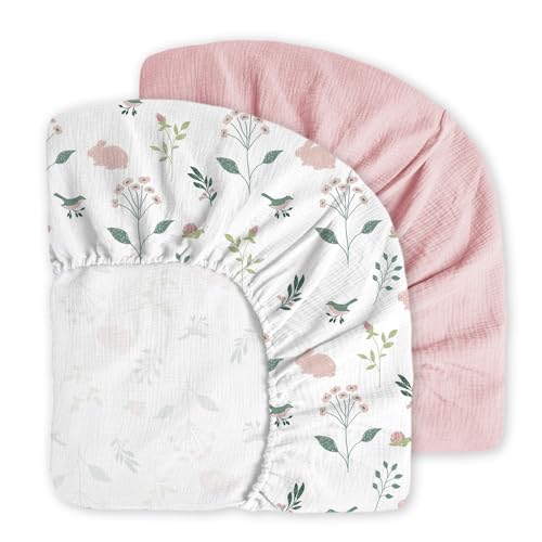 Little Grape Land Muslin Crib Sheets Fitted for Boys and Girls 2 Pack, 100% Cotton Baby Bed Sheets Soft Breathable, Neutral Fitted Baby Mattress Sheets for Standard Crib 52x28 inches, Pink Bunny