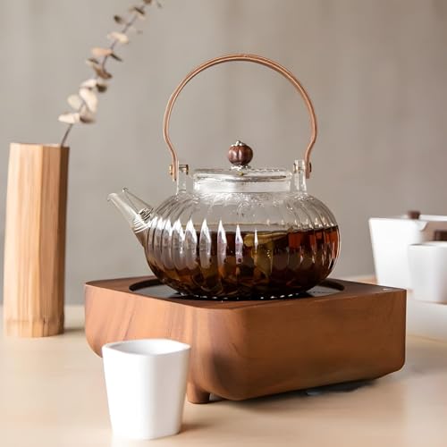 Image of Glass Teapot with Infuser, Stovetop & Microwave Safe Borosilicate Glass Kettle with Wooden Handle for Loose Leaf and Fruit Tea, Clear, 1 Liter Capacity