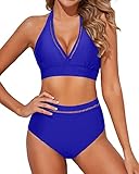 Tempt Me Women Royal Blue Two Piece Swimsuits High Waisted Bikini Sets Halter Tummy Control Bathing Suits with Full Coverage Bottoms XL