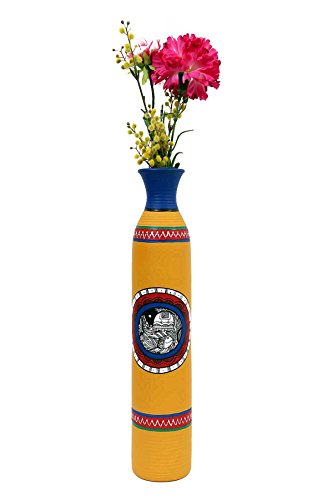 Kolambas - Jarrón tradicional indio con forma de botella de terracota pintado a mano, decoración para el hogar