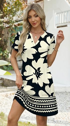 Image of WIHOLL Summer Dresses for Women Casual V Neck Wedding Guest Dress Hawaiian Midi Dress Fashion Beach Vacation Clothes