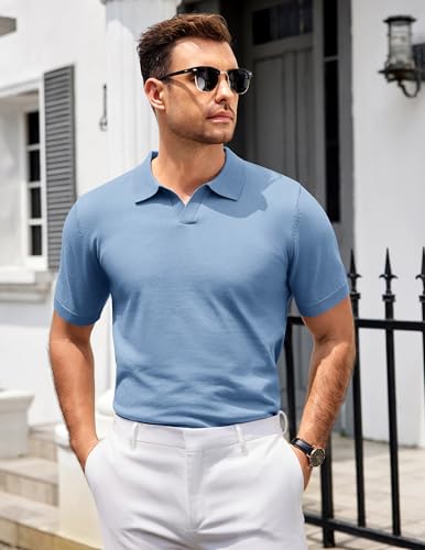 Image of COOFANDY Men's V Neck Short Sleeve Stretch Knit Polo Shirt