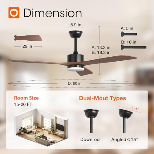 Image of addlon 60 Inch Solid Wood Ceiling Fans with Lights and Remote Control | 3CCT dimmable light, quiet reversible DC motor, 6 speeds, memory, timer; bedrooms, living rooms, covered patios and gazebos