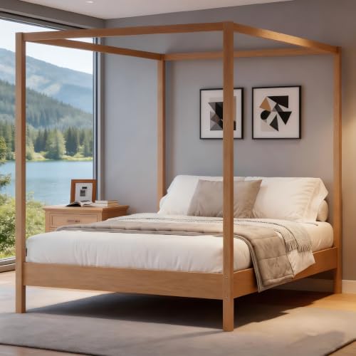 LUMISOL Queen Size Canopy Bed Frame, Solid Wood 4 Poster Canopy Platform Bed Frame with Slats and Support Legs, No Box Spring Needed, Easy Assembly, Natural