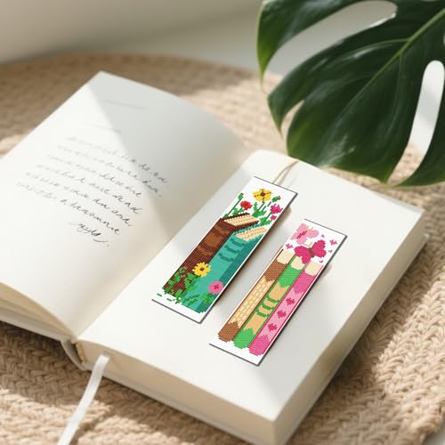 Image of FREEBLOSS 6 Set 11CT Cross Stitch Bookmarks Kit Books Theme Stamped Cross Stitch Kit DIY Embroidery Bookmark Set with Instruction for Adults Beginners Gift for Reading Enthusiasts 20x6cm /8x2.4inch