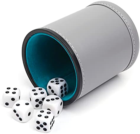 Dice Felt Lined PU Leather Dice Cup with 6 Dice, Felt Lined Interior Quiet Shaker for Yahtzee Game (Gray)