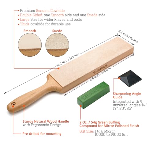 SHARPAL 205H Leather Strop (Genuine Cowhide) 33 x 6cm Kit with 2 Oz. Polishing Compound & Angle Guide, Knife Stropping Block for Sharpening & Honing Knives, Straight Razor, Woodcarving Chisels