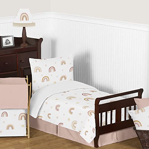 Image of Sweet Jojo Designs Boho Rainbow Girl Toddler Kid Bedding Set - Childrens 5pc Comforter Sham Sheets - Blush Pink Dusty Rose Gold Yellow Mauve Taupe Beige Tan Bohemian Stars Sun Celestial Vintage Sky