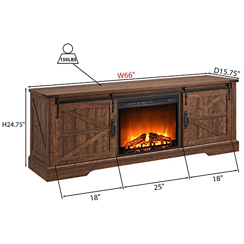 Okd Fireplace Tv Stand For 75+ Inch Tv, Farmhouse Entertainment Center With 23" Electric Fireplace And Remote Control, Long Rustic Media Console Cabinet With Sliding Barn Door, Reclaimed Barnwood #TOP5