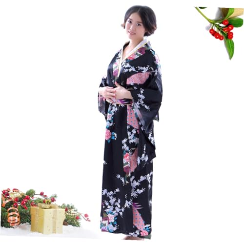 Kimono japonés de bata tradicional para mujer negro imitación seda portátil COLLBATH 7