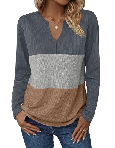 Image of Zeagoo Lightweight Tunics for Women Long Sleeve Shirts V Neck Color Block Tunic Waffle Shirt Fall Tops Blouses,Charcoal/Gray/Brown L